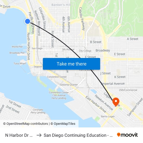 N Harbor Dr & Grape St to San Diego Continuing Education - Cesar Chavez Campus map