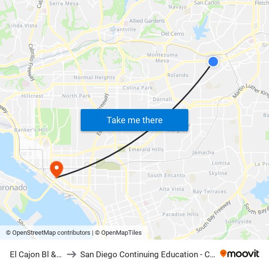 El Cajon Bl & Parks Av to San Diego Continuing Education - Cesar Chavez Campus map