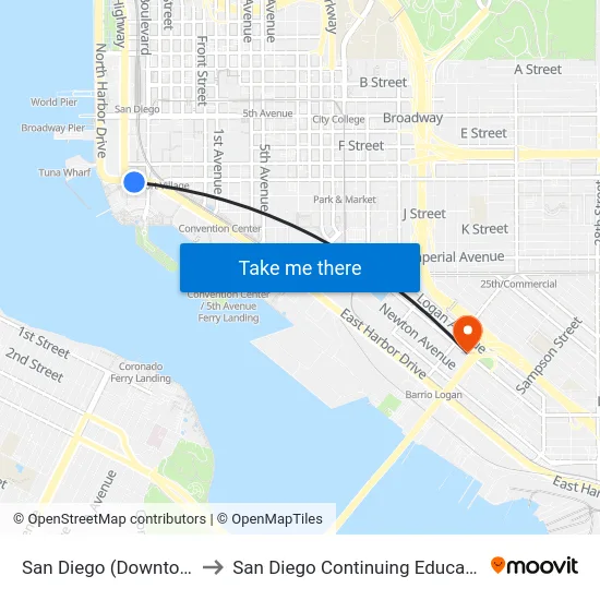San Diego (Downtown/Seaport Village) to San Diego Continuing Education - Cesar Chavez Campus map