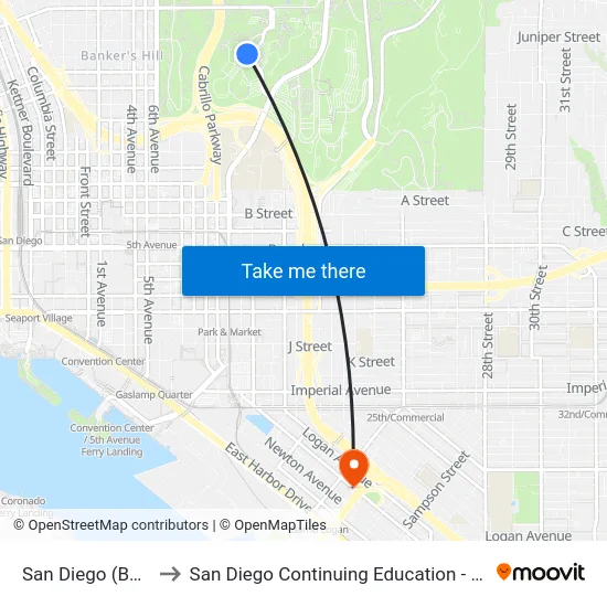 San Diego (Balboa Park) to San Diego Continuing Education - Cesar Chavez Campus map
