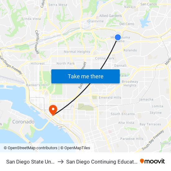 San Diego State University (Hardy Ave) to San Diego Continuing Education - Cesar Chavez Campus map