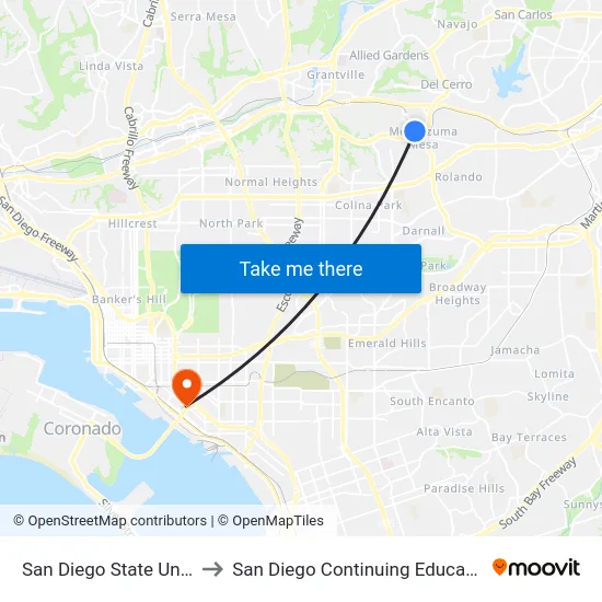 San Diego State University (Hardy Ave) to San Diego Continuing Education - Cesar Chavez Campus map