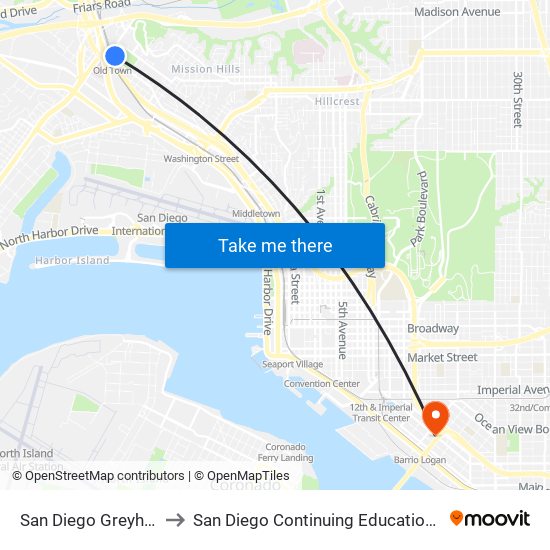 San Diego Greyhound Bus Stop to San Diego Continuing Education - Cesar Chavez Campus map