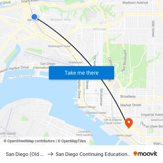 San Diego (Old Town-Flixbus) to San Diego Continuing Education - Cesar Chavez Campus map