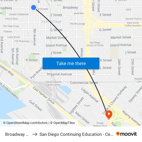 Broadway & 9th Av to San Diego Continuing Education - Cesar Chavez Campus map