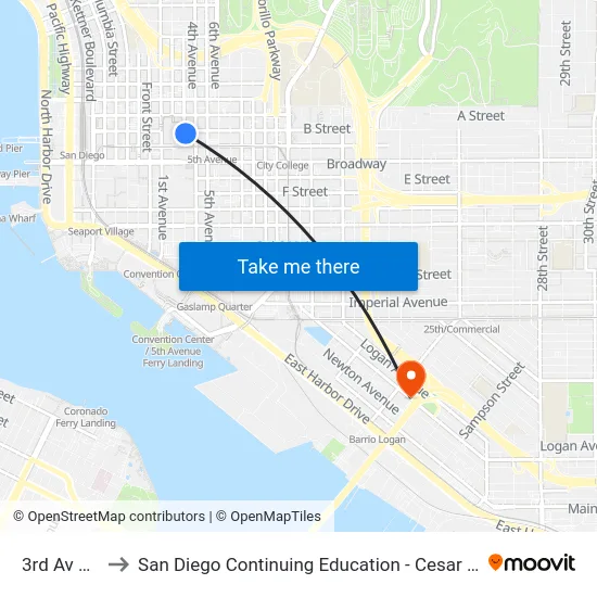 3rd Av & B St to San Diego Continuing Education - Cesar Chavez Campus map