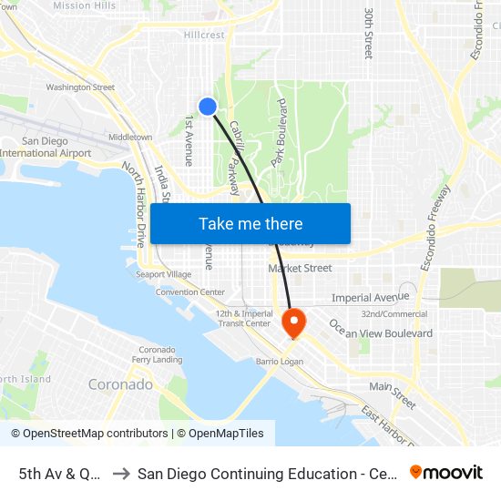 5th Av & Quince St to San Diego Continuing Education - Cesar Chavez Campus map