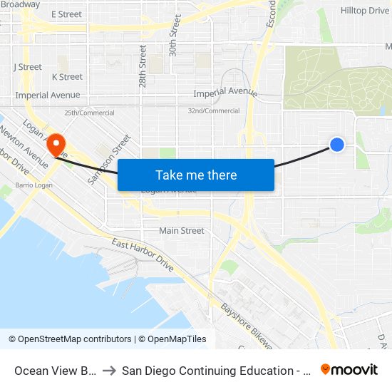 Ocean View Bl & 39th St to San Diego Continuing Education - Cesar Chavez Campus map