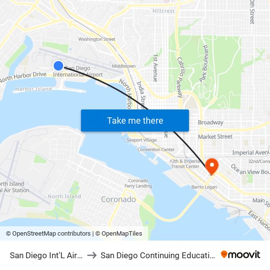 San Diego Int'L Airport & Terminal 1 to San Diego Continuing Education - Cesar Chavez Campus map