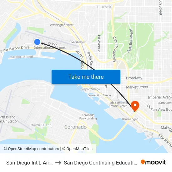 San Diego Int'L Airport & Terminal 1 to San Diego Continuing Education - Cesar Chavez Campus map