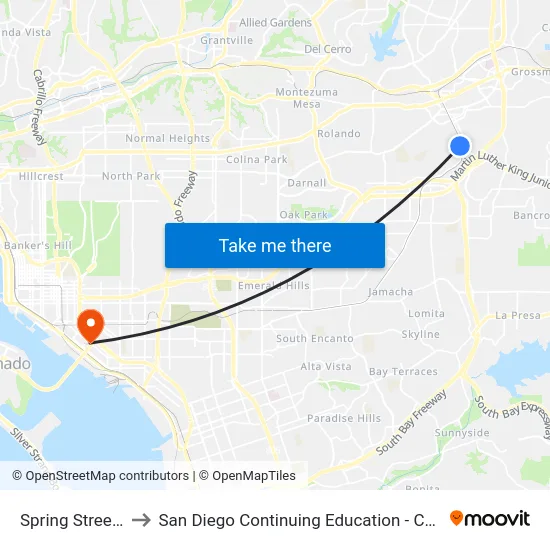 Spring Street Station to San Diego Continuing Education - Cesar Chavez Campus map