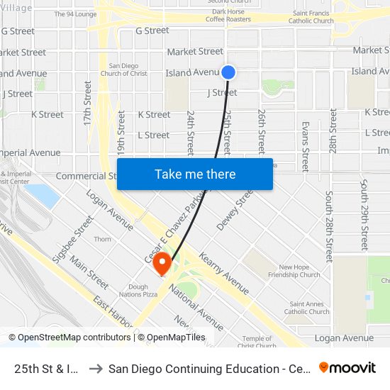 25th St & Island Av to San Diego Continuing Education - Cesar Chavez Campus map