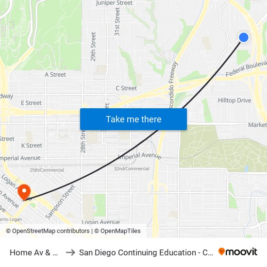 Home Av & Hixson Av to San Diego Continuing Education - Cesar Chavez Campus map