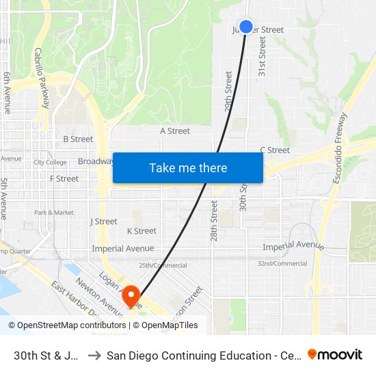 30th St & Juniper St to San Diego Continuing Education - Cesar Chavez Campus map