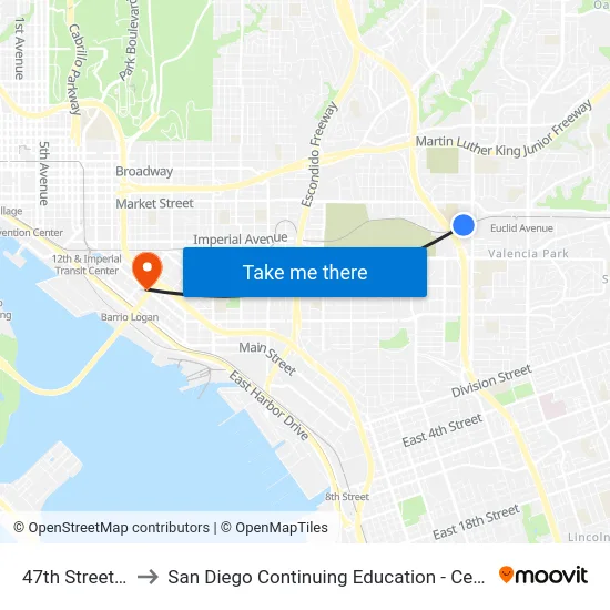 47th Street Station to San Diego Continuing Education - Cesar Chavez Campus map