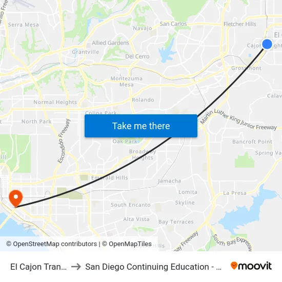 El Cajon Transit Center to San Diego Continuing Education - Cesar Chavez Campus map