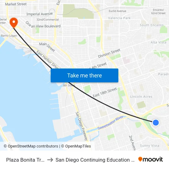 Plaza Bonita Transit Center to San Diego Continuing Education - Cesar Chavez Campus map