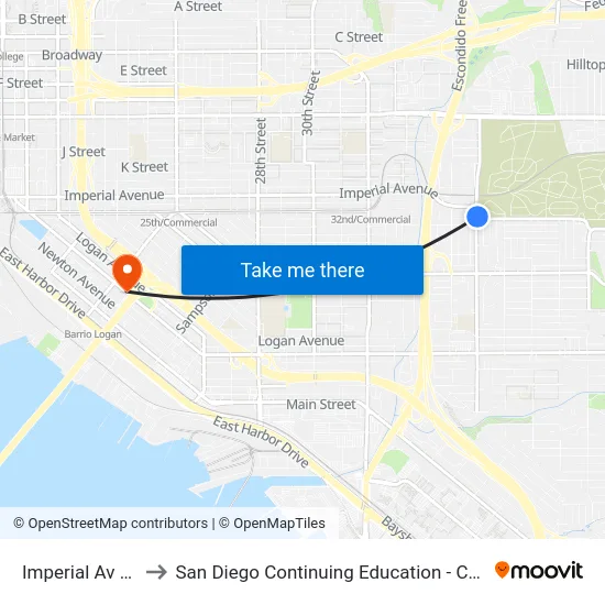 Imperial Av & 36th St to San Diego Continuing Education - Cesar Chavez Campus map