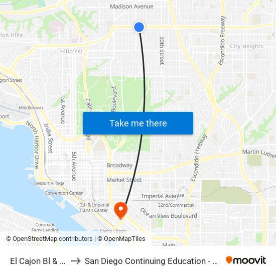 El Cajon Bl & Arizona St to San Diego Continuing Education - Cesar Chavez Campus map