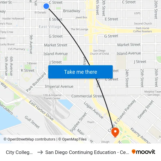 City College Station to San Diego Continuing Education - Cesar Chavez Campus map