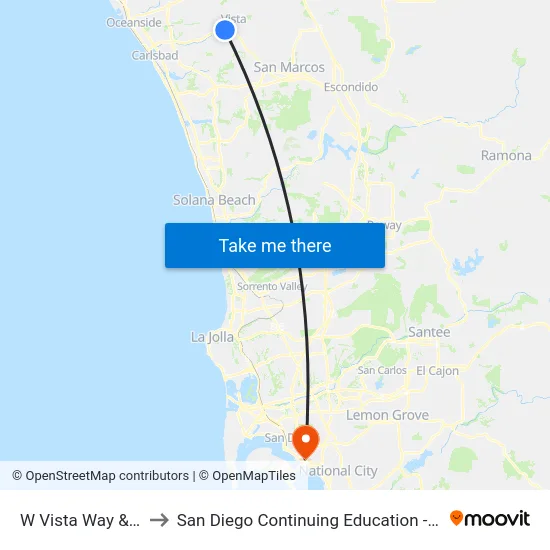 W Vista Way & Melrose Dr to San Diego Continuing Education - Cesar Chavez Campus map