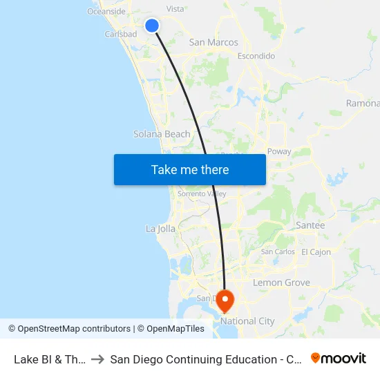 Lake Bl & Thunder Dr to San Diego Continuing Education - Cesar Chavez Campus map