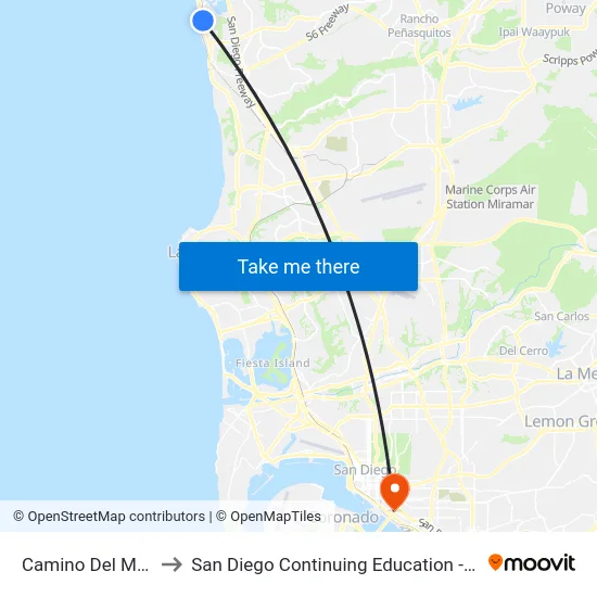 Camino Del Mar & 15th St to San Diego Continuing Education - Cesar Chavez Campus map