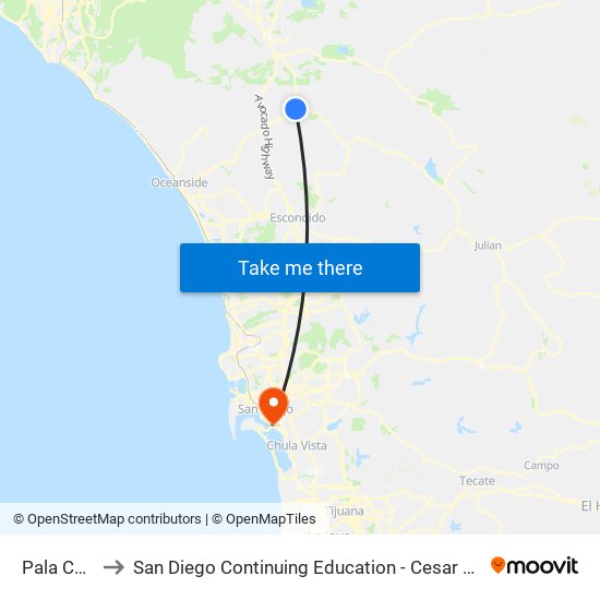 Pala Casino to San Diego Continuing Education - Cesar Chavez Campus map