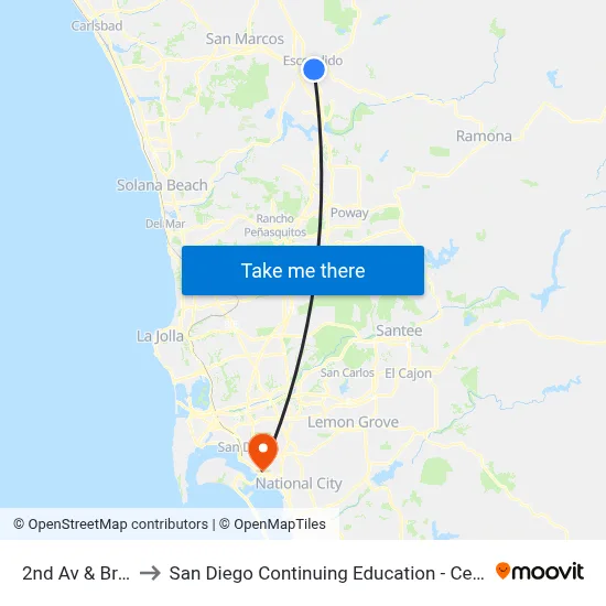 2nd Av & Broadway to San Diego Continuing Education - Cesar Chavez Campus map