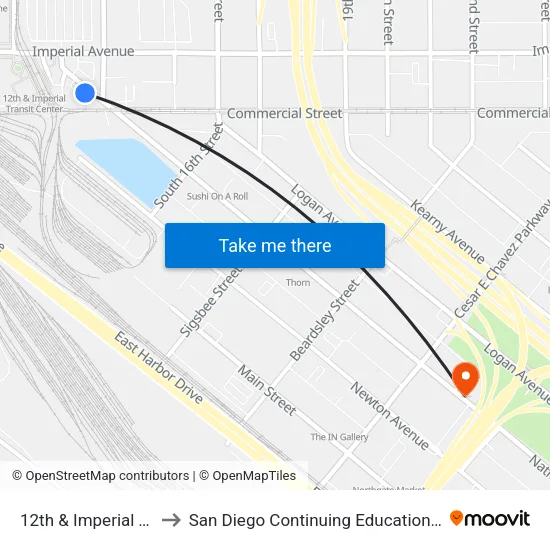 12th & Imperial Transit Center to San Diego Continuing Education - Cesar Chavez Campus map