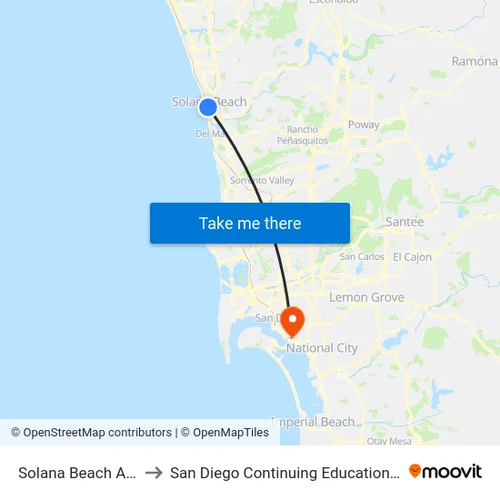 Solana Beach Amtrak Station to San Diego Continuing Education - Cesar Chavez Campus map