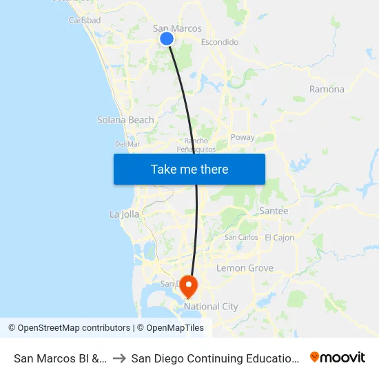 San Marcos Bl & Via Vera Cruz to San Diego Continuing Education - Cesar Chavez Campus map
