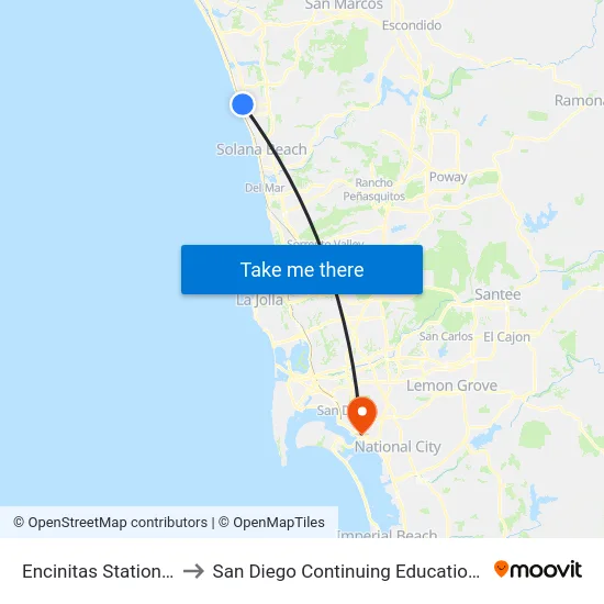 Encinitas Station Park And Ride to San Diego Continuing Education - Cesar Chavez Campus map