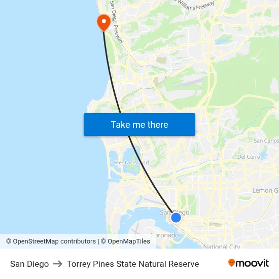San Diego to Torrey Pines State Natural Reserve map