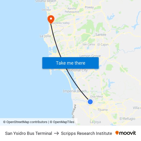 San Ysidro Bus Terminal to Scripps Research Institute map