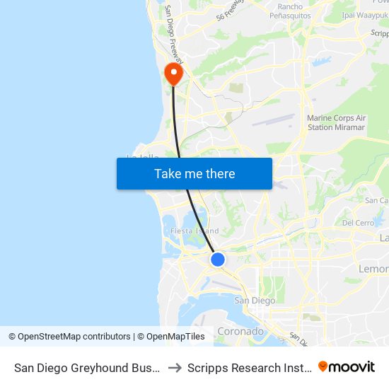 San Diego Greyhound Bus Stop to Scripps Research Institute map