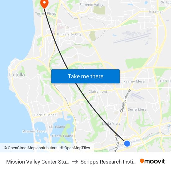 Mission Valley Center Station to Scripps Research Institute map