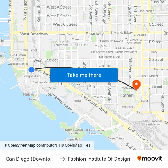 San Diego (Downtown/Seaport Village) to Fashion Institute Of Design & Merchandising (Fidm) map