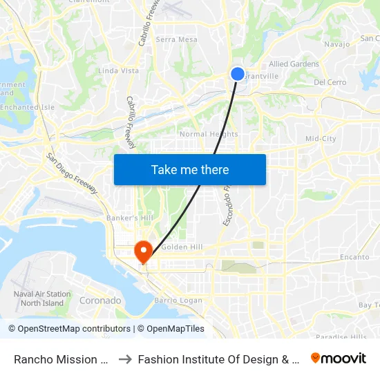 Rancho Mission Rd & Friars Rd to Fashion Institute Of Design & Merchandising (Fidm) map