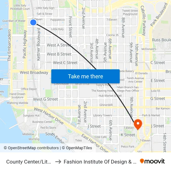 County Center/Little Italy Station to Fashion Institute Of Design & Merchandising (Fidm) map