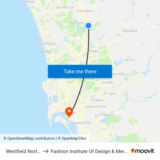 Westfield North County to Fashion Institute Of Design & Merchandising (Fidm) map