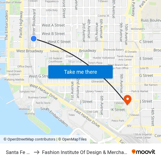 Santa Fe Depot to Fashion Institute Of Design & Merchandising (Fidm) map