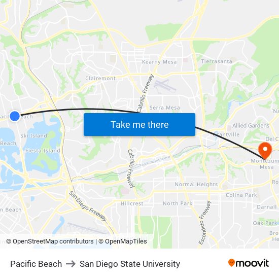 Pacific Beach to San Diego State University map