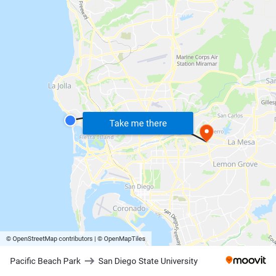 Pacific Beach Park to San Diego State University map
