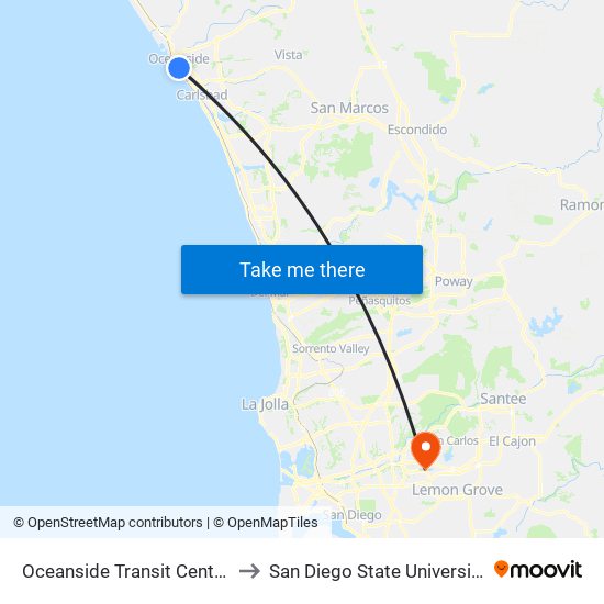 Oceanside Transit Center to San Diego State University map