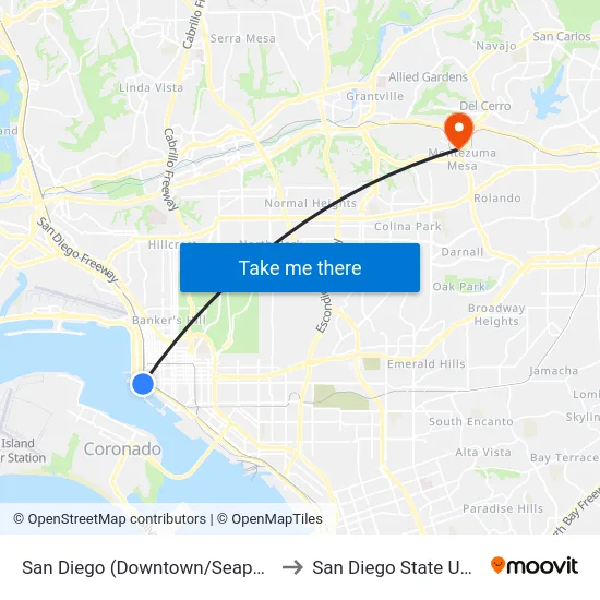 San Diego (Downtown/Seaport Village) to San Diego State University map