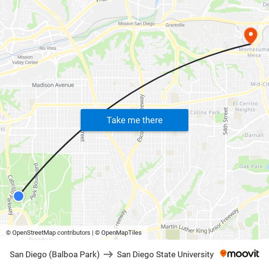 San Diego (Balboa Park) to San Diego State University map