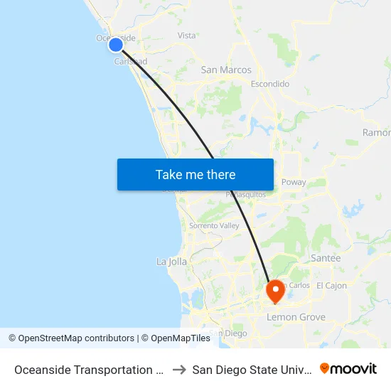 Oceanside Transportation Center to San Diego State University map