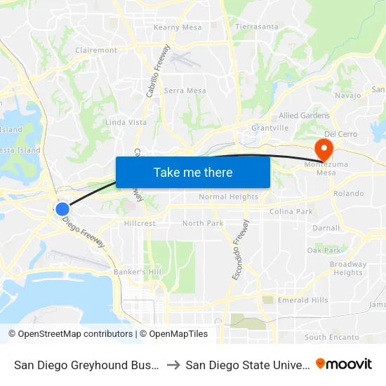 San Diego Greyhound Bus Stop to San Diego State University map