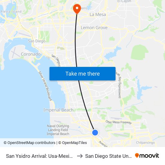 San Ysidro Arrival: Usa-Mexico Border to San Diego State University map